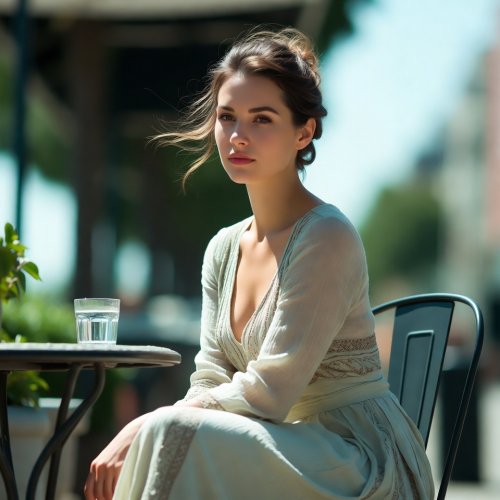 A brunette teen in a dress, braless and showing cleavage.