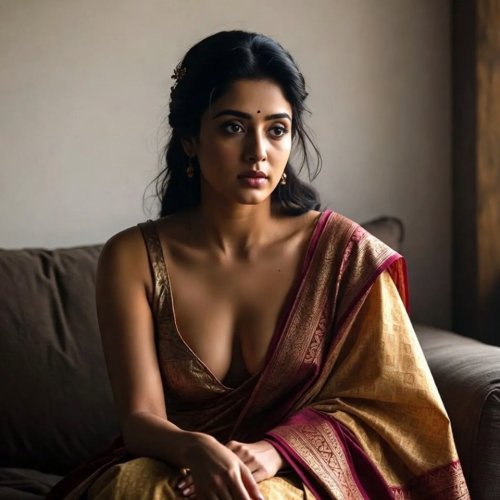 An Indian woman in a sari, braless and showing cleavage.