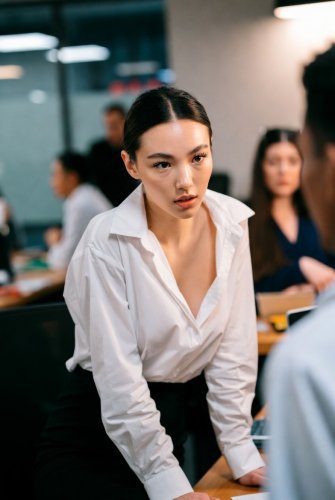 An Asian woman in an office, wearing a blouse with visible cleavage and a nip slip, braless.