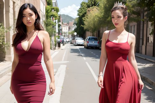A woman in a dress, braless, walking down a city street.
