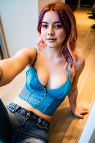 A teenage girl with long hair, wearing a white shirt without a bra, showing cleavage.