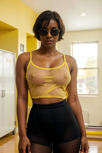 A woman wearing a black, see-through tank top without a bra.