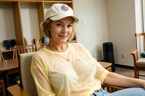 A mature woman with short hair, wearing a see-through top without a bra.