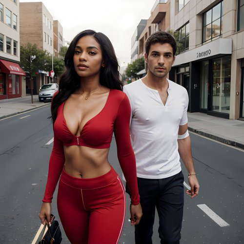 A brunette woman wearing a black sport blouse, braless, showing cleavage.