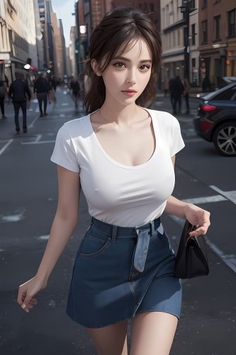 A brunette woman wearing a white shirt, braless, standing on a city street.