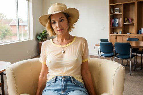 A mature woman with short hair wearing a blouse without a bra.