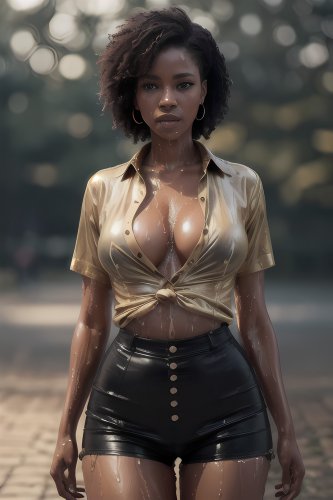 A woman with black hair and large breasts, wearing a blouse with visible cleavage.