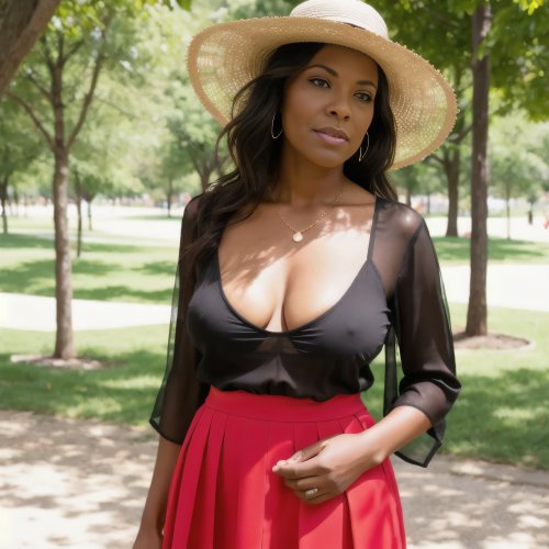 A woman with black hair and large breasts, braless and showing cleavage, standing in a park.