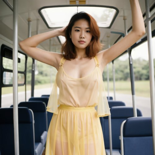 A redheaded woman in a see-through blouse, braless, sitting on a bus.