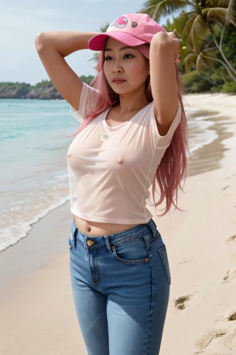 An Asian person wearing a see-through t-shirt on a beach.