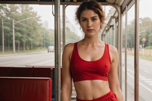 A woman in a sporty tank top, braless, on a bus.