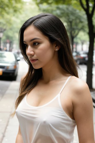 A brunette teen wearing a see-through tank top without a bra, standing on a street.
