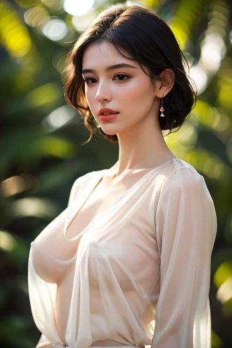 A woman with short hair wearing a see-through blouse, braless.