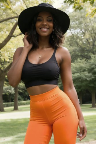 A woman in a black tank top, braless, standing in a public park.