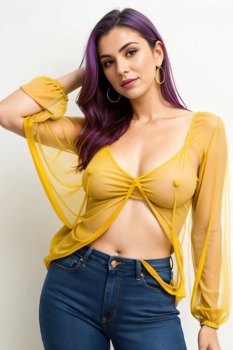 A brunette woman wearing a blouse, braless.