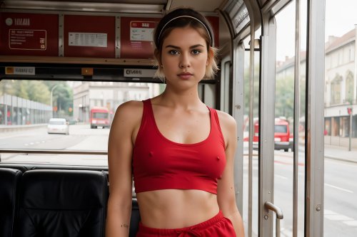 A woman wearing a tank top, braless.