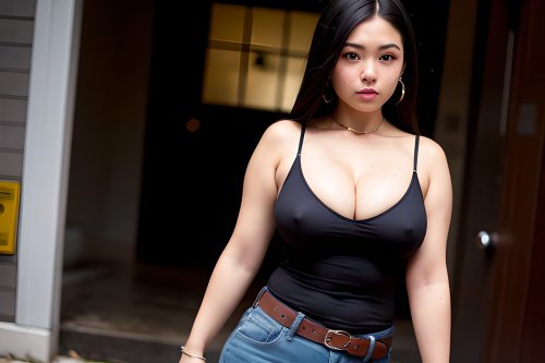 A chubby Asian teen with large breasts, wearing a tank top without a bra, in a public setting.